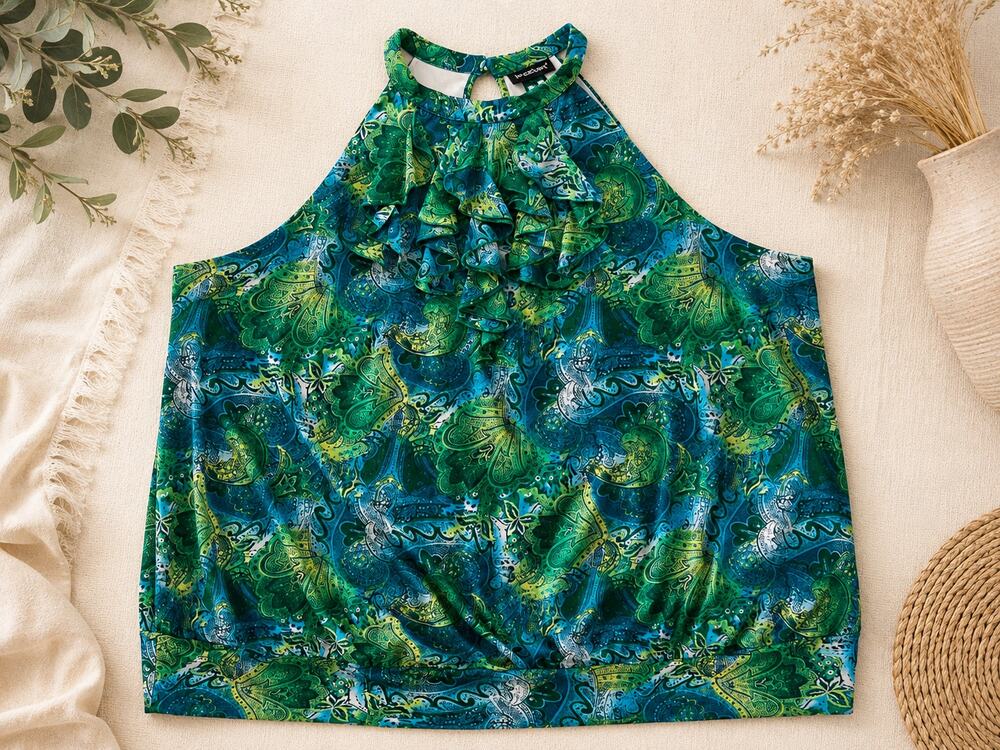 Lane Bryant 26/28 Plus Paisley Halter Top Teal Green Ruffle Sleeveless Blouse